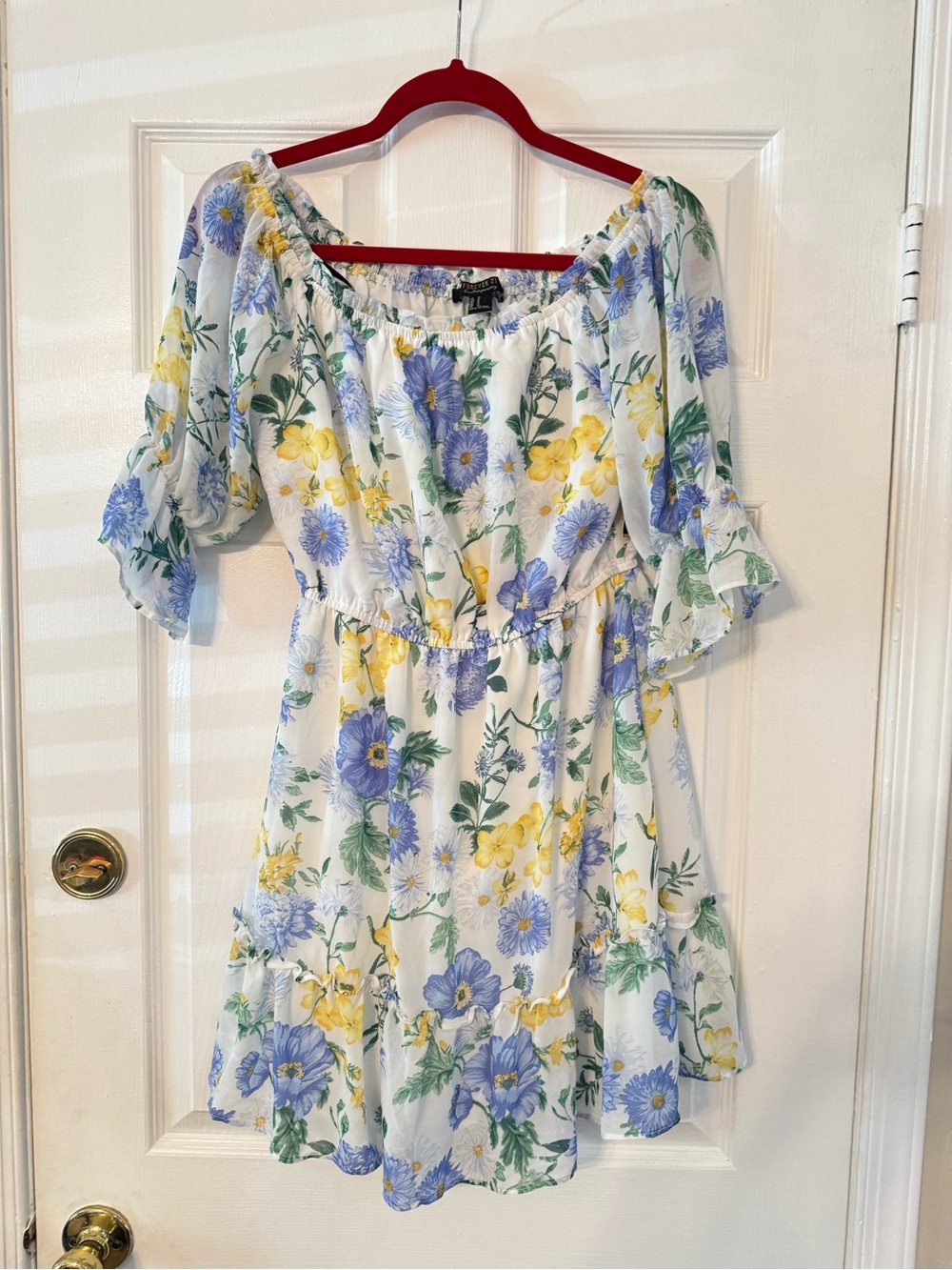 Forever 21 White Floral Off-Shoulder Mini Dress with Blue & Yellow Blooms